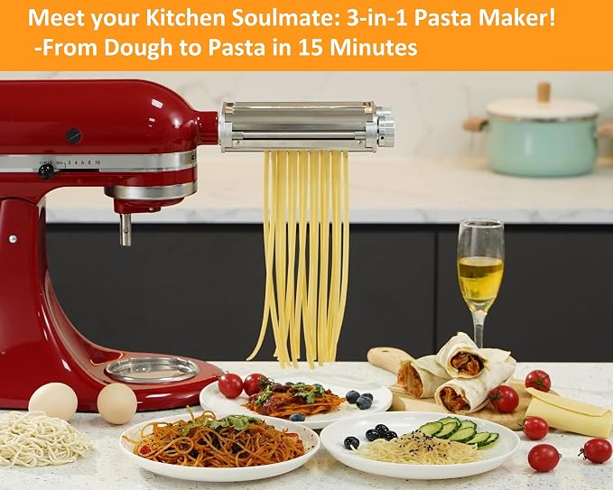 FavorKit Pasta Maker Attachment for KitchenAid Stand Mixers, Sturdy 3 in 1 Set Included Pasta Sheet Roller, Spaghetti and Fettuccine Cutter Accessories, Metal Construction, Unique Design