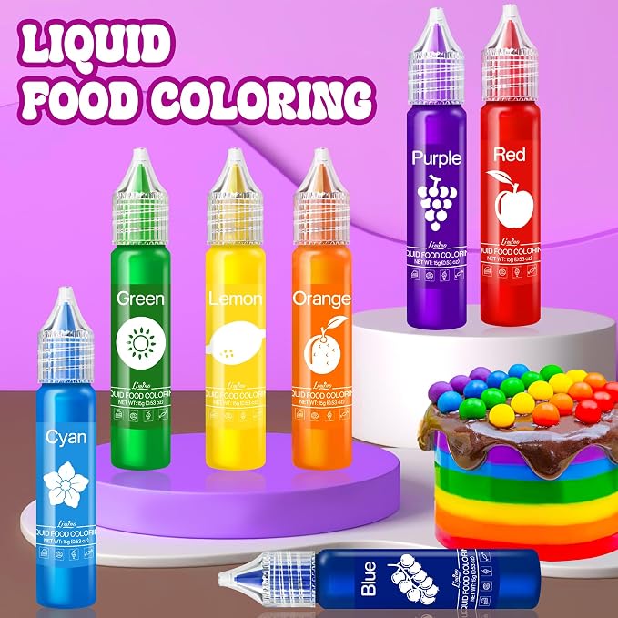 Food Coloring Set - Rainbow Edible Food Color Dye for Baking, Cake Decorating, Royal Icing, Cookie, Fondant and Macaron - 7 x 15g Food Grade Liquid Food Coloring Kit for DIY Slime and Crafts Making