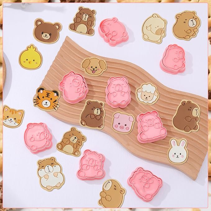 Jspupifip 16 Pack Capybara Animal Cookie Cutters Set, 3D Cookie Plunger Stamps Farm Animal Circus DIY Press Molds Baby Shower Cracker Cutters Birthday Party Baking Supplies Clay Biscuit Molds
