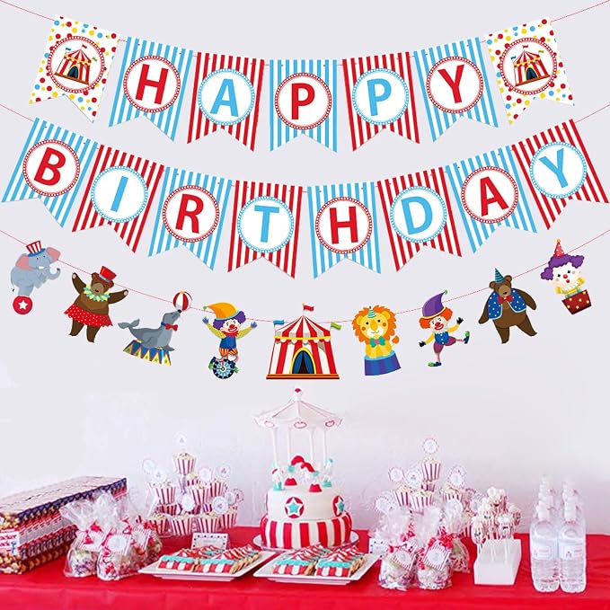Zwiebeco Circus Happy Birthday Party Decoration Banner Hanging Colorful Paper Amusement Park Theme Bunting Sign for Boys Girls Babys Kids Funfair Carnivals Accessories Supplies