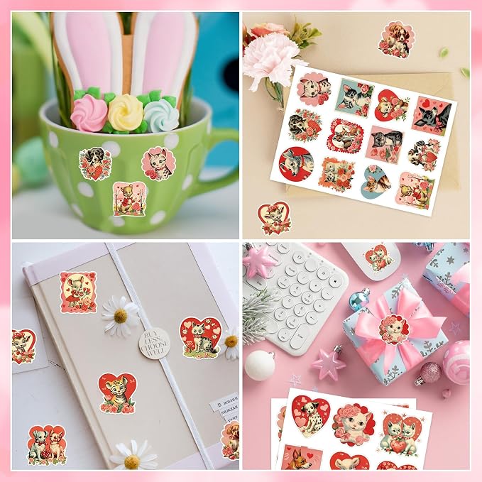 FaCraft 50PCS Love Stickers for Scrapbooking - Cute Animal Aesthetics Sticker for Phone Caps Luggage Envelope Laptop Water Bottles Boxes Cat Dog Valentines Stickers for Couples Adults Teens Kids Women
