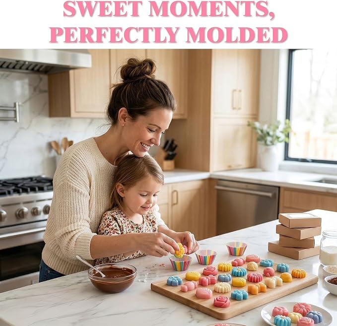 Flower Candy Molds Silicone 2PCS, KKDINDAN 9 Shapes Bite Size Chocolate Molds, Food Grade Spring Rose Daisy Flower Mold Bow Leaf Gummy Molds for Ice Jello Soap Cookie Dessert Melt