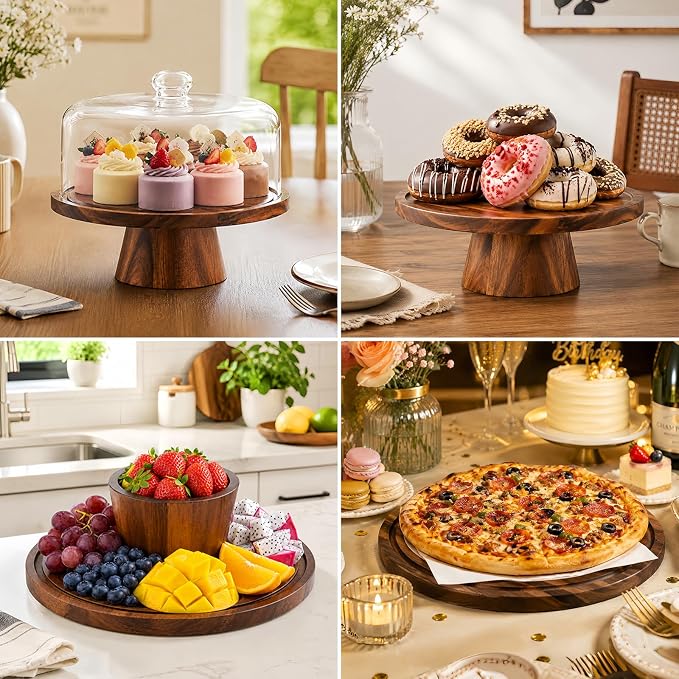 Acacia Wood Cake Stand with Lid - 12 Inch Magnetic Detachable Cake Stand with Dome, Shatterproof Acrylic Cover, Versatile Cake Holder & Charcuterie Board for Parties, Dessert Table Display