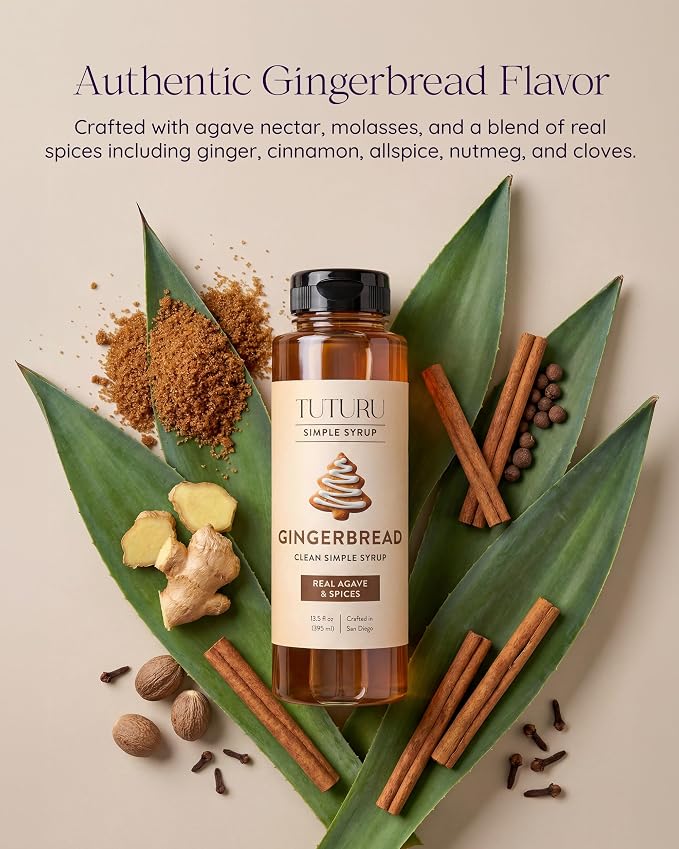 Gingerbread Simple Syrup for Coffee, Cocktails, Matcha - Sweetened with Agave Nectar - Infused with Real Gingerbread Spices - 13.5 oz