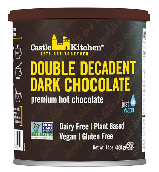 Castle Kitchen Double Decadent Dark Hot Chocolate Mix – Dairy-Free, Vegan, Plant Based, Gluten-Free, Non-GMO Project Verified, Kosher Hot Cocoa – Just Add Water – 14 oz Tin