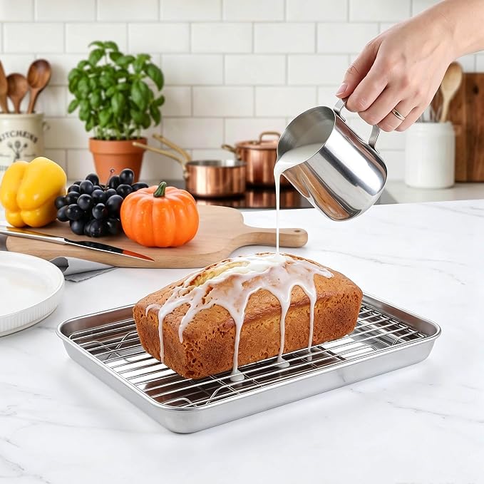 Homikit 9x7 Inches Baking Sheet with Wire Rack Set (2 Pans + 2 Racks) | Stainless Steel Mini Baking Pans with Cooling Racks, Small Metal Cookie Bacon Toaster Oven Tray for Baking, Dishwasher Safe