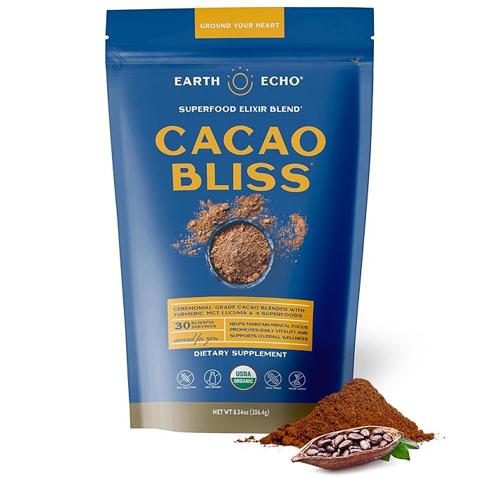 Earth Echo Cacao Bliss - Ceremonial Grade Organic Raw Cacao Powder with MCT Oil & Turmeric - Supports Energy Boost, Mindful Snacking & Focus - Unsweetened, Vegan, GMO & Gluten-Free, 30 Servings