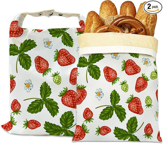 Beeswax Bread Bags, 2 Pack for Homemade Bread and Sourdough Storage | Red Strawberries Leaves Flower, Reusable Polyester Bread Storage With Beeswax Coating And Snap Closures