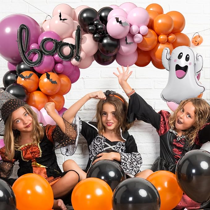 Halloween Balloon Arch Garland, Pink Halloween Party Decorations with Cute BOO Ghost Foil Balloons, Retro Pink Orange Apricot Latex Balloon Bat Sticker for Kids Aldult Birthday Background