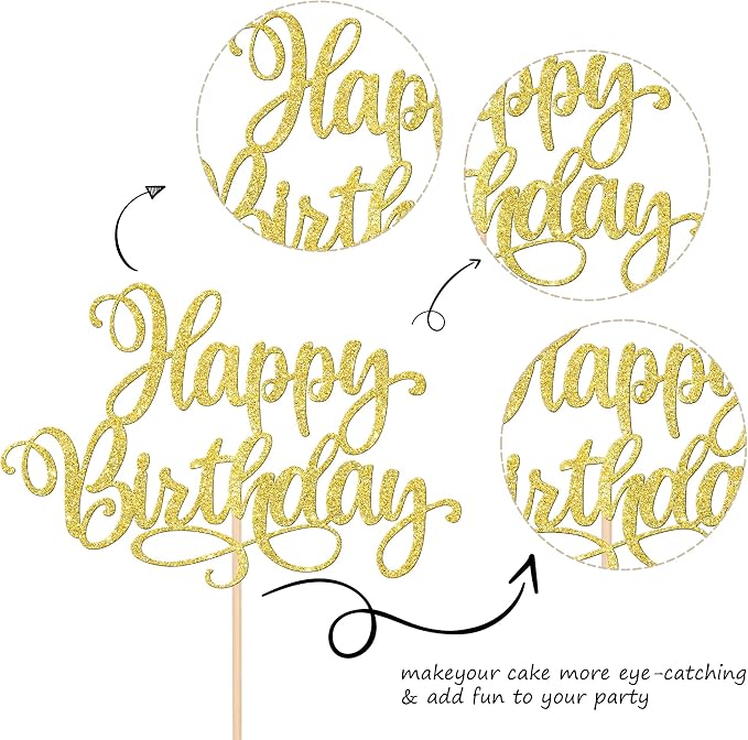 1 PCS Happy Birthday Cake Topper Glitter Happy Birthday Cake Pick Bunting Decor for Anniversary Celebrating Happy Birthday Party Cake Decorations Supplies Gold
