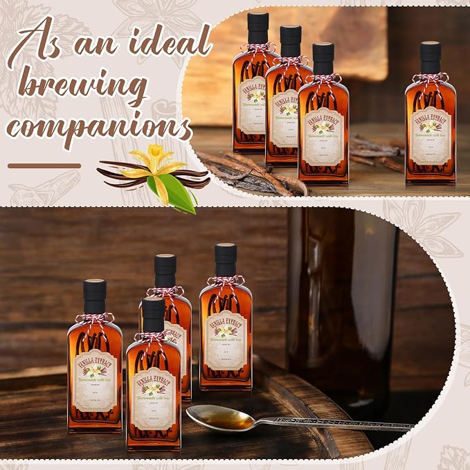 Suclain 8 Pack 8.5 oz Amber Glass Bottle for Vanilla Extract Homemade, Brown Vanilla Extract Bottles with Airtight Lid and Stickers for Syrup Gift Food Storage Canister Christmas Small Gift(Black)