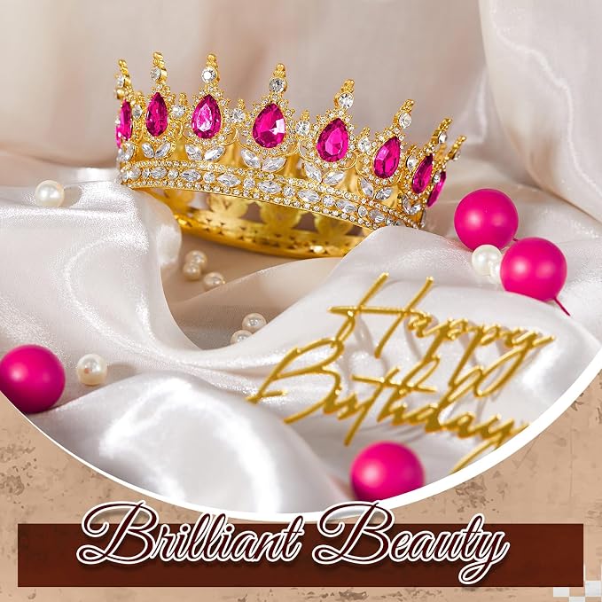 8 Pcs Rose Red and Gold Queen Crown Cake Topper for Women, Happy Birthday Cake Toppers Foam Balls Rhinestone Crystal Tiara Wedding Decoration for Princess Party Photo Props