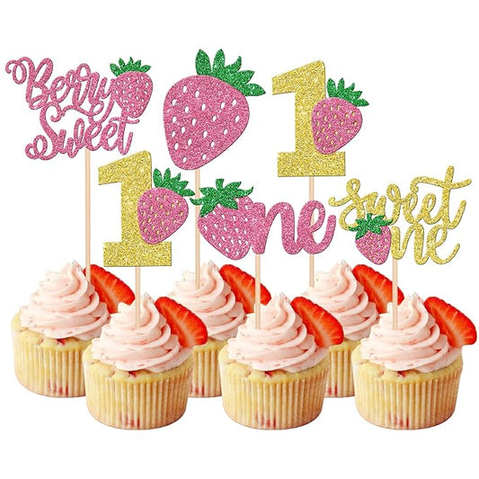 30 PCS Strawberry One Cupcake Toppers Glitter Berry Sweet One First Birthday Strawberry Cupcake Picks for Fruit Theme Baby Shower Kids Boys Girls 1st Birthday Party Cake Decorations Supplies Pink