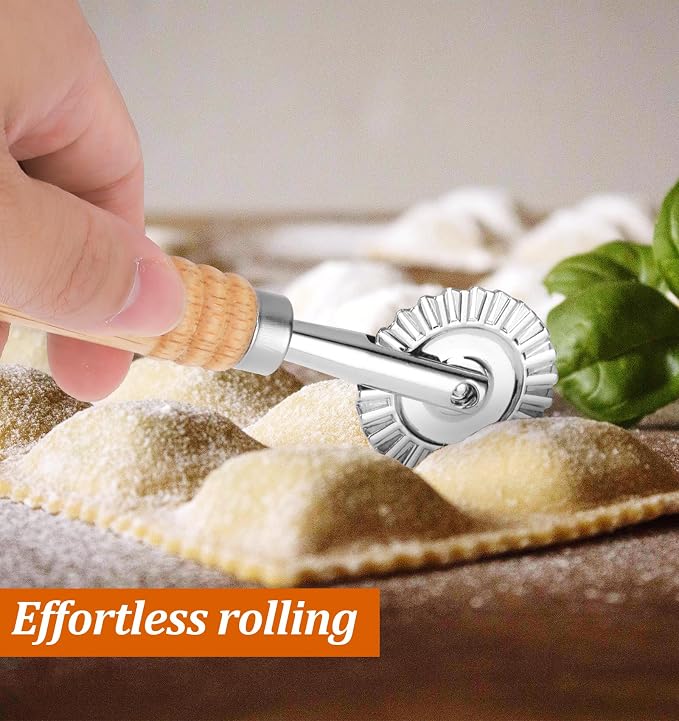 Fluted Pastry Cutter, Fluted Pastry Wheel 6.3 Inch Stainless Steel with Ergonomic Oak Handle for Pasta, Dumplings & Noodles, 360° Effortless Cutting