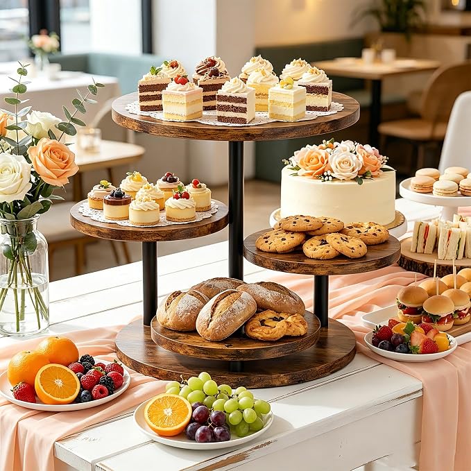 4 Tier Rotating Wooden Cupcake Tower Stand, Round 360° Rotatable Dessert Tiered Tray Display Holds 50 Cupcakes, Farmhouse Cake Cookie Stand for Wedding Birthday Baby Shower Tea Party Dessert Table