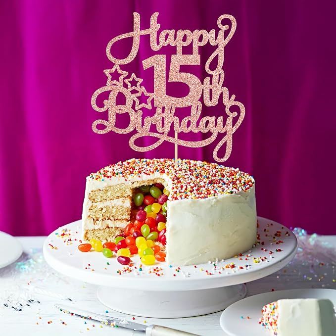 1 Pack Happy 15th Birthday Cake Topper Rose Gold Glitter Mis Quince 15 Cheers to 15 Years Old Birthday Cake Pick for Celebrating 15th Birthday Anniversary Party Cake Decorations Supplies