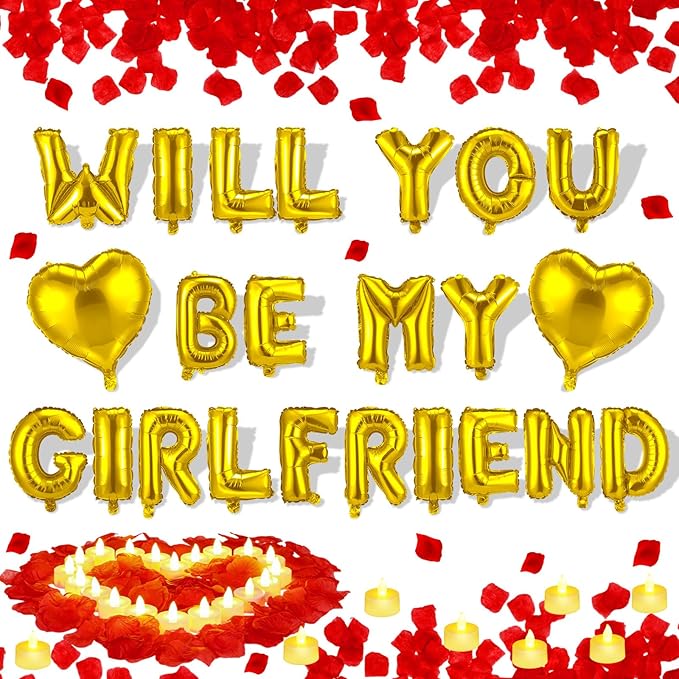 HyDren 18" Will You Be My Girlfriend Balloons Letters Kit Include Heart Shaped Balloons and LED Tealight Candles with Rose Petals Romantic Girlfriend Proposal Kit Valentines Day Decorations(Gold)