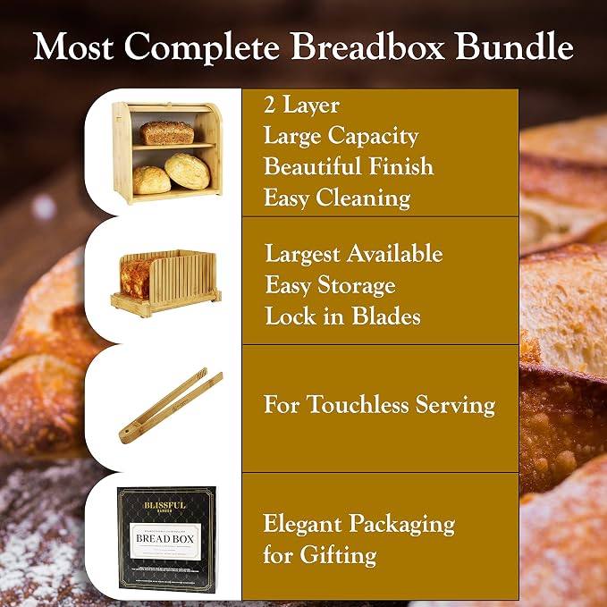 Bread Box & Bread Slicer, Bread Box for Kitchen Countertop. Roll Top, Bread Tong, 2 Layer Bread Box, Double Breadbox Bread Storage, Extra Large Bread Container