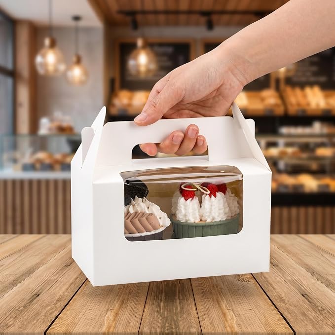 Jucoan 60 Pack 2 Count White Paper Cupcake Boxes with Insert, Handle and Window, Portable Cupcake Muffin Containers, Gable Bakery Gift Boxes Party Favor Treat Boxes for Wedding Birthday Father's Day