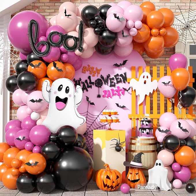 Halloween Balloon Arch Garland, Pink Halloween Party Decorations with Cute BOO Ghost Foil Balloons, Retro Pink Orange Apricot Latex Balloon Bat Sticker for Kids Aldult Birthday Background