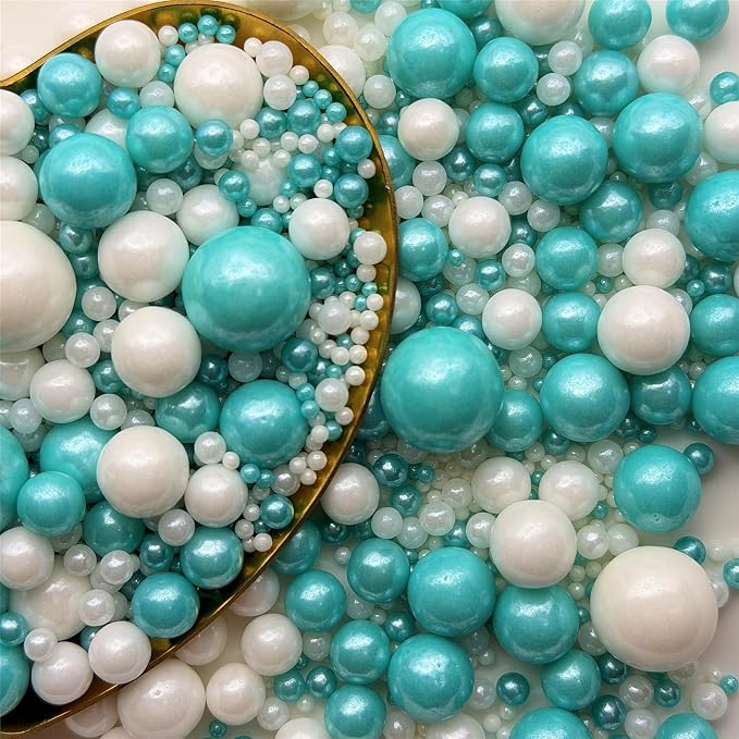 CandiJumpin Edible Pearls for Cake Decorating, Teal and White Pearl Sprinkles Teal Sugar Pearls Edible Cake Decorations White Pearl Sugar Sprinkles Cupcake Toppers Baby Shower Party Birthday Wedding Christmas Supplies 3 OZ