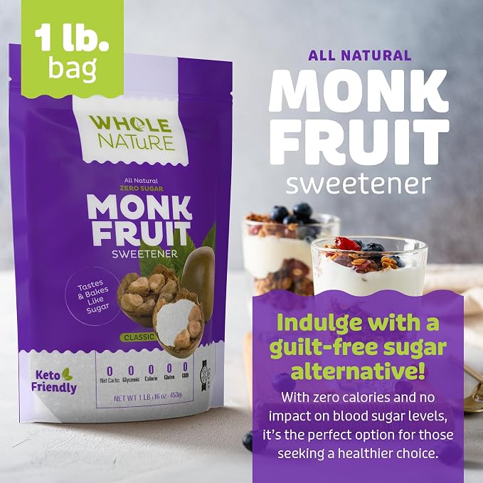 Whole Nature 100% Monk Fruit Sweetener With Erythritol Granulated - 2lb Pure Monkfruit Sweetener With Erythritol - Paleo & Keto Friendly Zero Calorie Sugar Substitute Healthy Sugar Alternative
