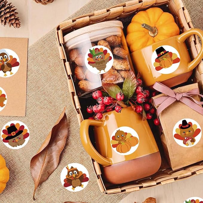500Pcs Fall Stickers Roll 1 Inch Self Adhesive Cute Turkey Round Stickers 8 Style Cartoon Turkey Design Thanksgiving Stickers Autumn Pumpkin Roll Decals for Fall Envelope Card Gift Box Party Supplies