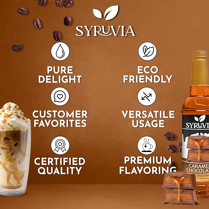 Syruvia Coffee Syrup, Caramel Chocolate Flavored Syrup for Drinks, Lattes, and Desserts, Natural Flavors – 25.4 fl oz - with Pump
