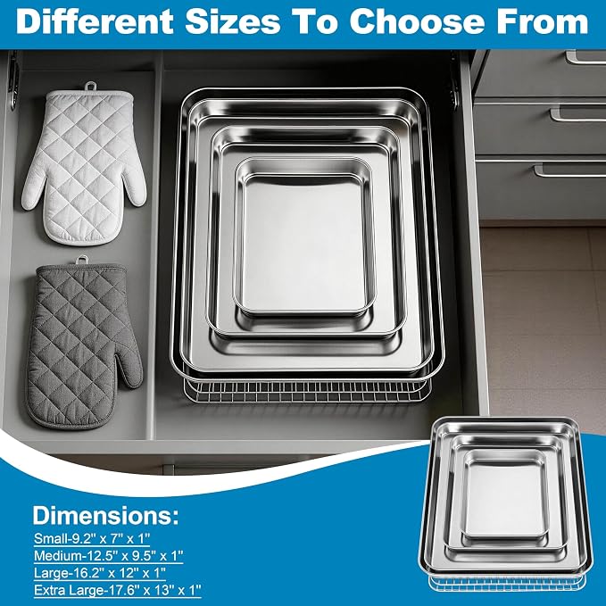 Herogo Small Stainless Steel Baking Sheet with Rack Set(2 Pans + 2 Racks), 9.2'' x 7'' x 1'' Mini Metal Bacon Tray with Cooling Rack Set for Oven, Nontoxic & Easy Clean