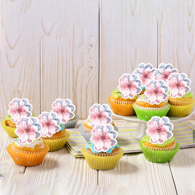 60 PCS Edible Cherry Blossoms Cake Decorations Wafer Paper Cherry Blossoms Cupcake Toppers Edible Flowers Cake Toppers for Baby Shower Kids Birthday Party Cupcake Food Decorations Supplies Pink