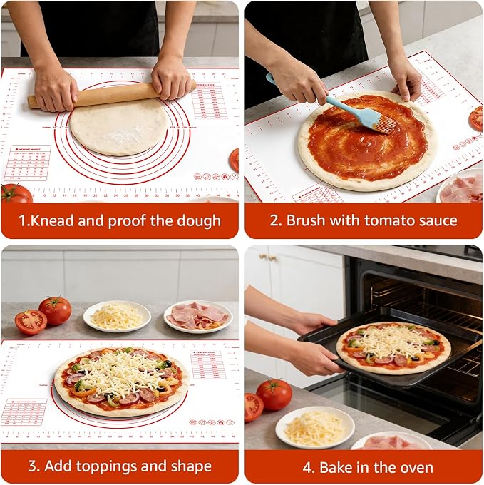 Silicone Baking Mat Dough Mat Non-Slip and Reusable Red | 0.7mm NewUpgraded Mat for Rolling Out Dough, Non Stick Silicone Mats with Measurements for Cookies, Macaroon, Bread, Pastry