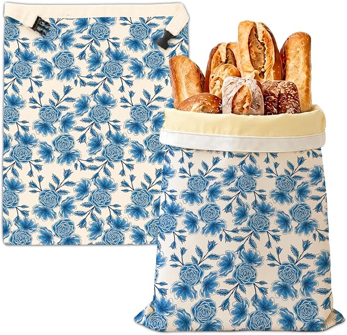 2 Pack Beeswax Bread Bag for Sourdough Homemade Bread, Blue Floral Decor Bags, Reusable Linen, Natural Beeswax Bread Storage Bag, Food Storage Cloth Bag with Buckle 13 * 17IN