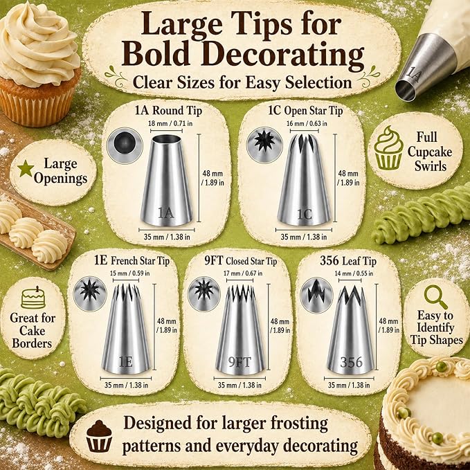Suuker Large Piping Tips Set, Stainless Steel | 5 Pieces, 1A 1E 1C 9FT 356