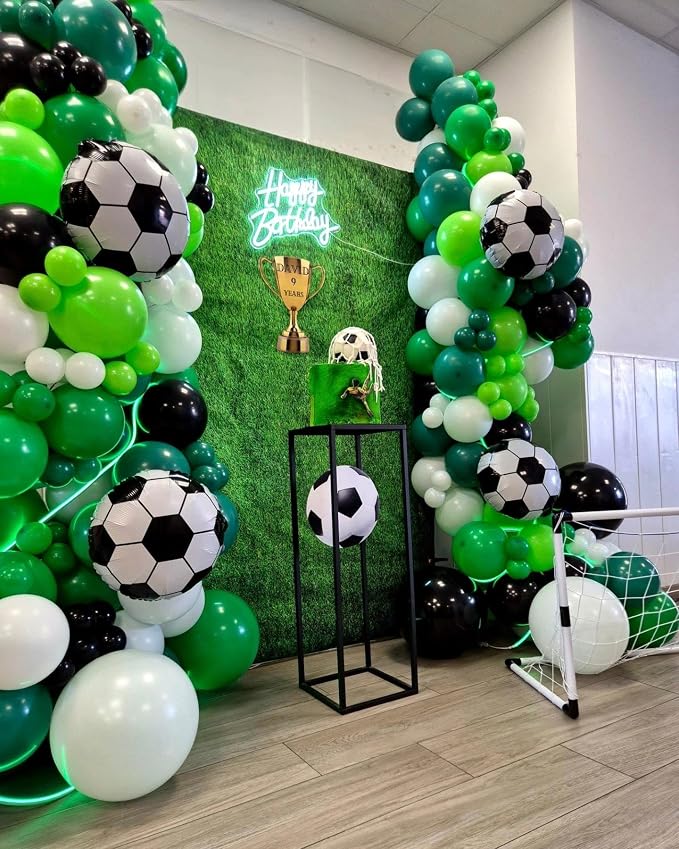 Soccer Party Decorations 153Pcs, World Soccer Balloon Garland Arch Kit with 18'' Football Foil Balloons, Green White Football Print Balloons for Boys Sports Fan Birthday Soccer Party Decor