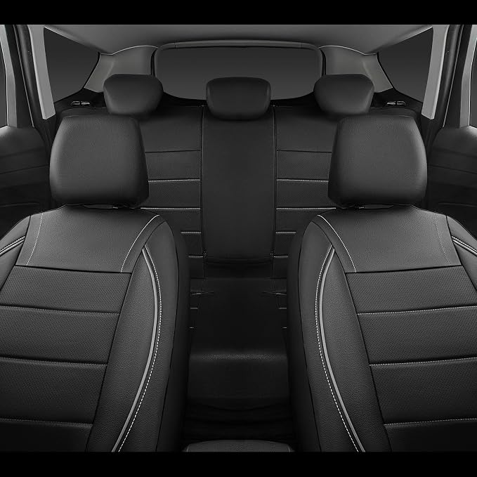CAR PASS Universal Reflect Piping Leather Car Seat Cover, Fit for suvs,Van,Trucks,Airbag Compatible,Inside Zipper Design and Reserved Opening Holes (Full Set, Black and Grey)