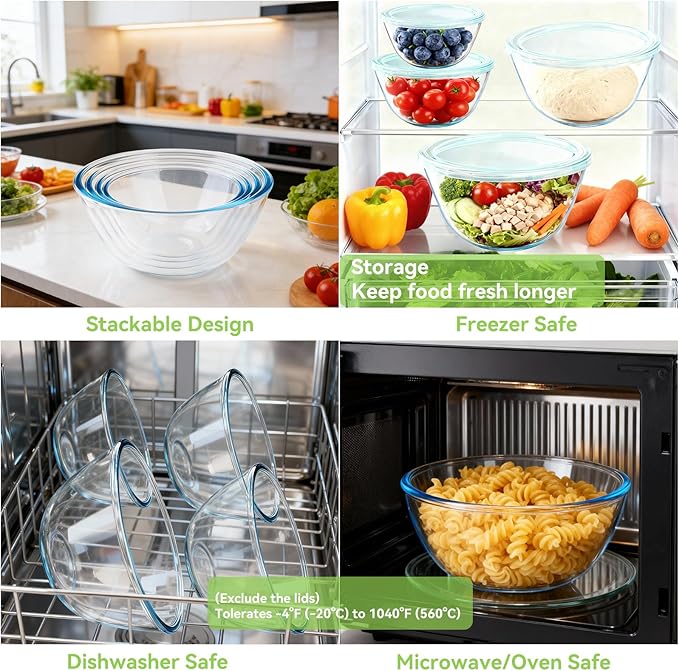 YUANYE 5 Pack Glass Mixing Bowls with Lids Set (5QT/2.5/1.5/0.9/0.6QT), Thick Glass Large Salad Bowl Set, Nesting Kitchen Bowls for Serving,Prepping,Cooking and Baking,Dishwasher,Oven,Microwave Safe