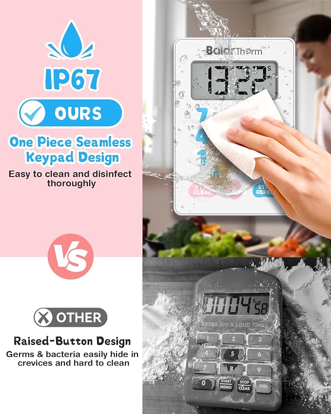 BaldrTherm Digital Kitchen Timer Waterproof, Strong Magnetic Cooking Timer with 3 Adjustable Volume Levels & Silent Flashing Light, Countdown Timer for Cooking, Baking Shower, Classroom, Cute