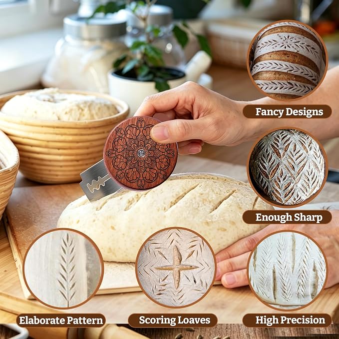 UFO Bread Lame Set for Sourdough,Wooden Bread Scoring Tool for Homemade Sourdough Gifts for Bread Bakers with 15 Blades and Leather Storage Cover,Lame Cutter Scoring Knife for Baking(Shell)