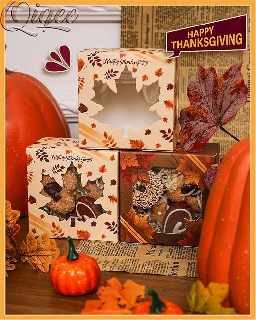 qiqee Thanksgiving Bakery Boxes with Window 52pcs 4x4x2.5 Mini Cookie Boxes Macaron Boxes Small Donut Pastry Boxes for Thanksgiving Day