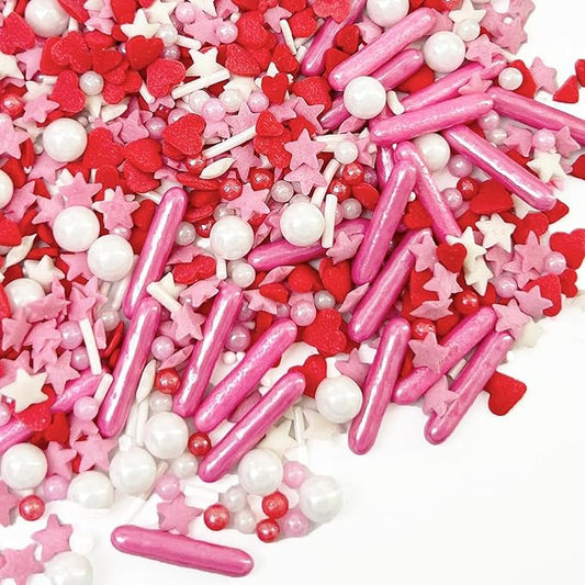 Pink and Red Sprinkles Edible, Valentines Sprinkles for Cake Decorating, 130g/4.53oz Mother‘s Day Sugar Sprinkles Mixed Hearts, Stars, Pearl, Rods for Cupcake, Cookies and Ice Cream Topping