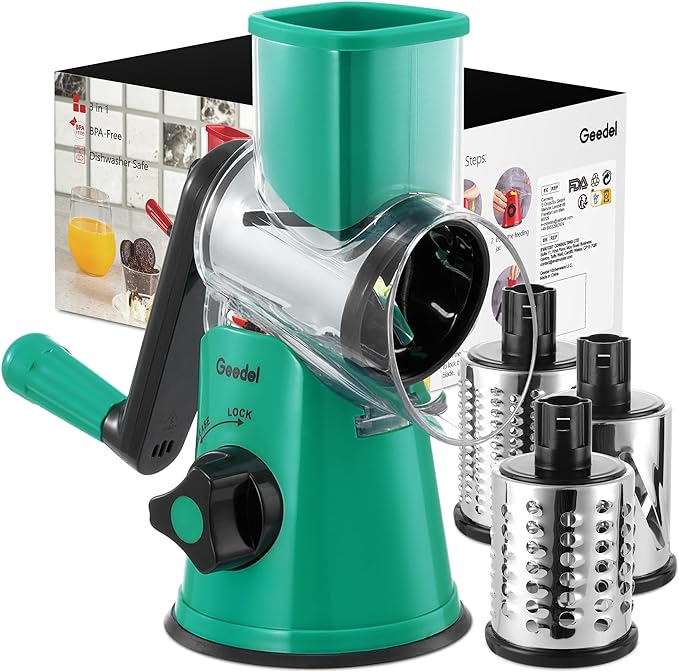 Geedel Rotary Cheese Grater, Kitchen Mandoline Vegetable Slicer with 3 Interchangeable Blades, Easy to Clean Rotary Grater Slicer for Cheese, Vegetables, Nuts