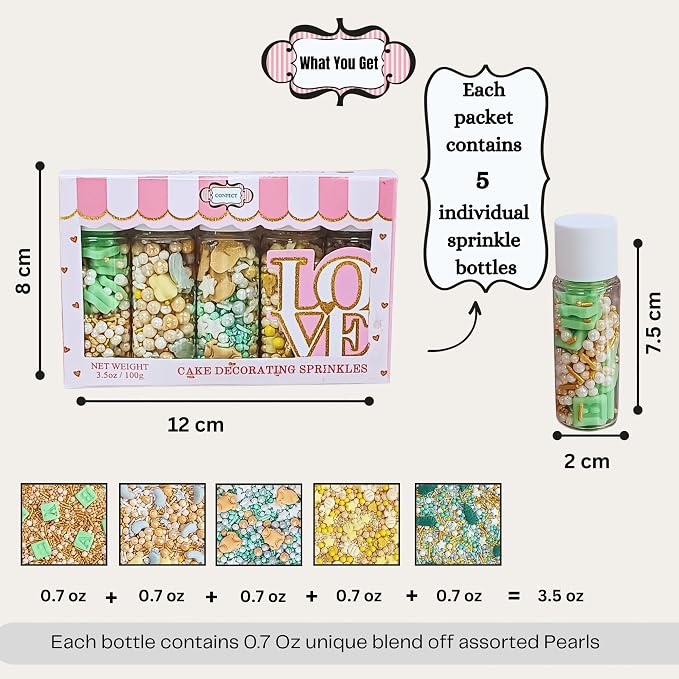 Confect Baby Shower Sprinkles | Gender Reveal Sprinkles | Gold, Silver, Mint Green & Pearl Dragees | Mix Silver Baby Feet & Feeding Bottle Sprinkle | Vegan & Gluten Free - 5 Oz