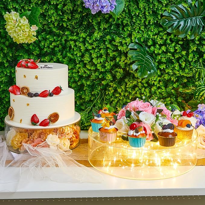 Sintuff 3 Pcs Acrylic Cake Stand with LED Lights 12‘’, 14‘’, 16‘’ Clear Fillable Cake Riser Round 3 Tier Case Box for Wedding Birthday Holiday Party Food Display, 3 Sizes