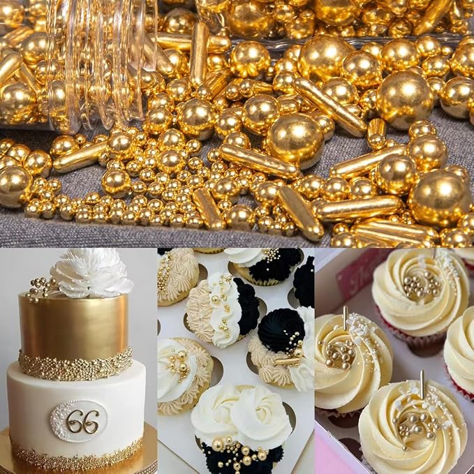 Edible Gold Pearl Sugar Sprinkles 142g/5.01oz Gold Pearl Sprinkles Mix for Cake Decorating Cakes Cupcake Toppers Cookie Ice Cream Decorations for Wedding Parties Valentines Day Halloween Christmas