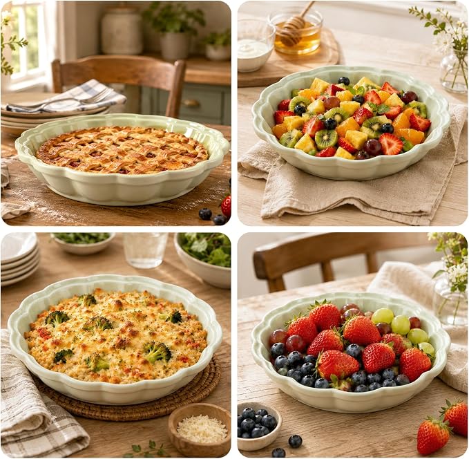 10.2 Inch Ceramic Pie Pan, Fluted Deep Pie Dish, Oven Microwave Safe, Non-Stick Porcelain Pie Plate for Apple Pie, Quiche & Tarts