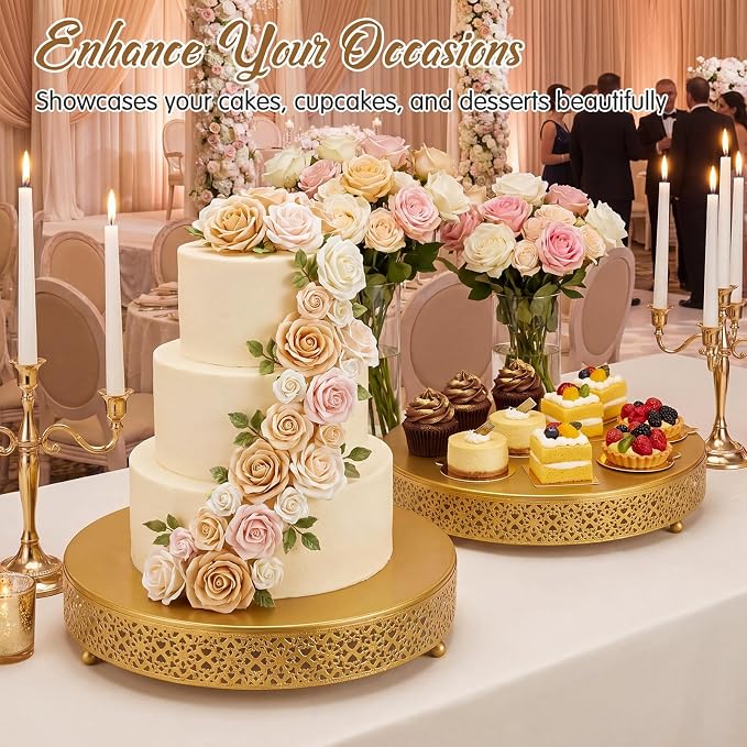 Wenqik 2 Pack Cake Stand Set, 14/16 Inch Metal Cupcake Dessert Stand Decorative Round Elegant Cake Display for Weddings Party Baby Showers Birthday Anniversary, Gold