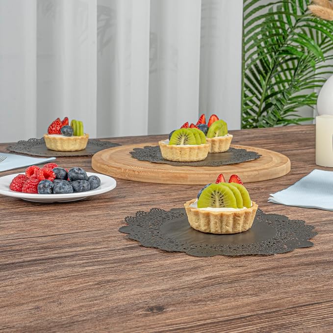 Restaurantware-Pastry Tek 8 x 8 Inch Paper Lace Doilies, 100 Disposable Table Doilies - Elegant Lace Finish, Long Lasting, Navy Blue Paper Placemat, for Pastries, Cupcakes, Desserts