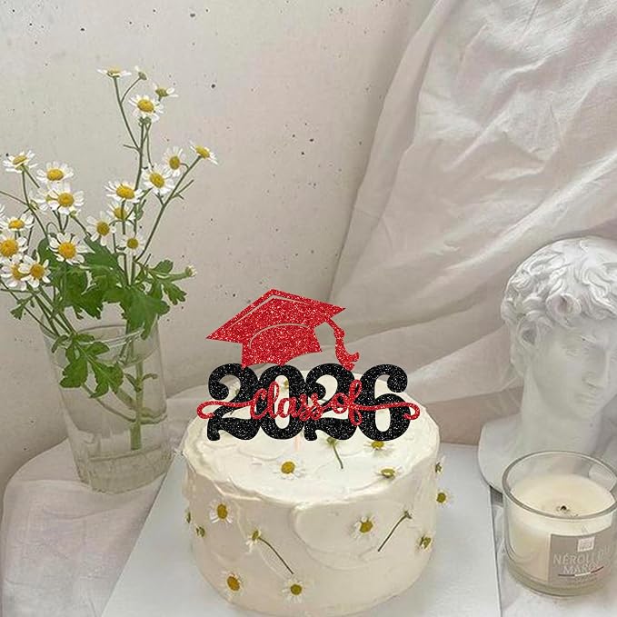 1 Pack Class of 2026 Cake Topper Glitter Congrats Grad Cap 2026 Graduation Cake Pick for 2026 Graduation Theme High School Boys Girls Graduate Party Cake Decorations Supplies Black Red