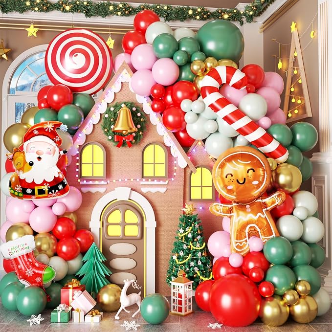Christmas Balloon Arch Kit,108 Pcs Gingerbread Man Balloon Garland Kit, Sage Green Pink Red Latex Balloons Santa Claus Foil Balloons Candy Cane for Xmas Birthday New Year Christmas Party Decorations