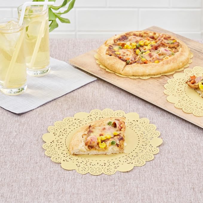 Pastry Tek 8 x 8 Inch Paper Lace Doilies, 100 Disposable Table Doilies - Elegant Lace Finish, Long Lasting, Yellow Paper Doily, for Pastries, Cupcakes, Desserts - Restaurantware